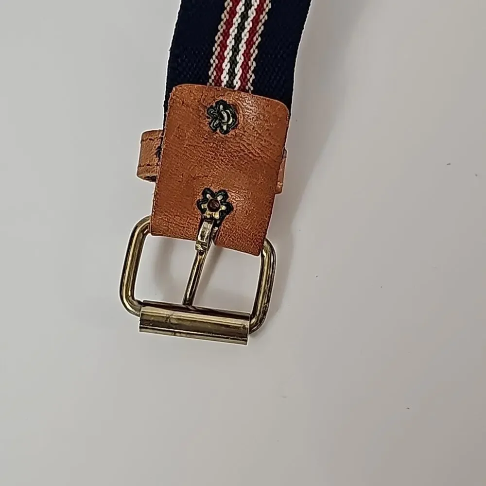 Vintage Striped Canvas Leather Belt Womens Preppy Sporty Collegiate Chic OS EUC